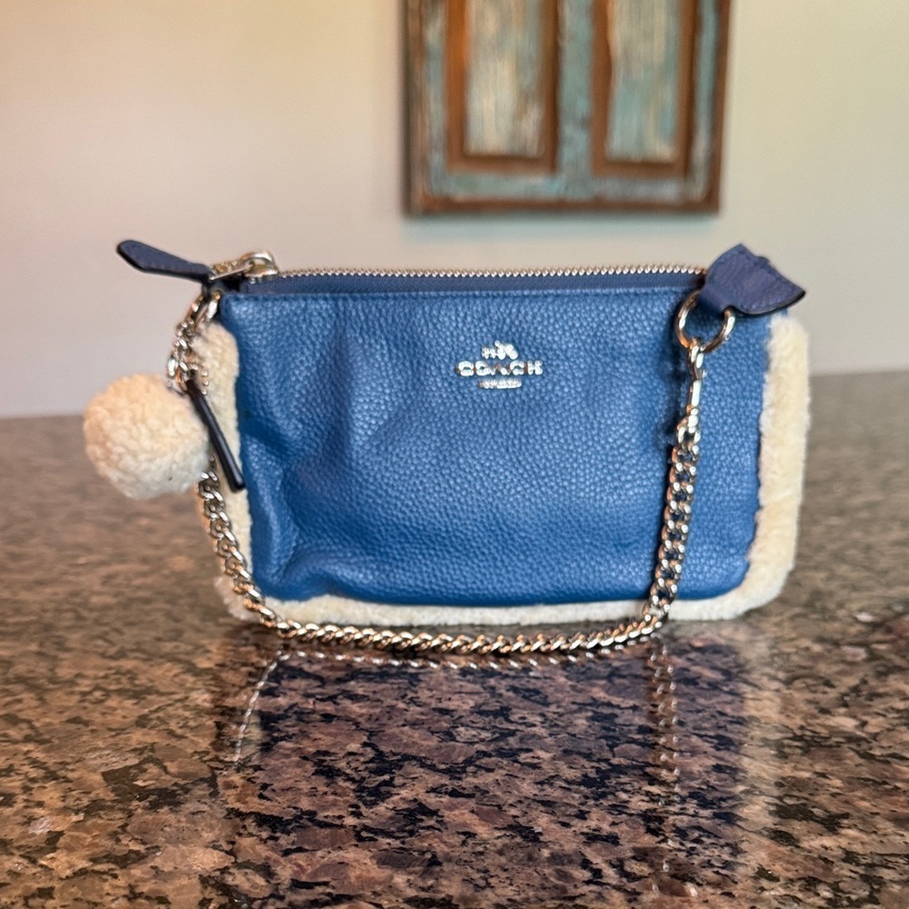Coach Blue leather and sherling Wristlet with Chain